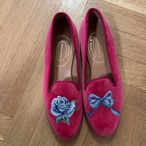 LoveShackFancy Velvet Loafers with Blue Rose & Bow Embroidery